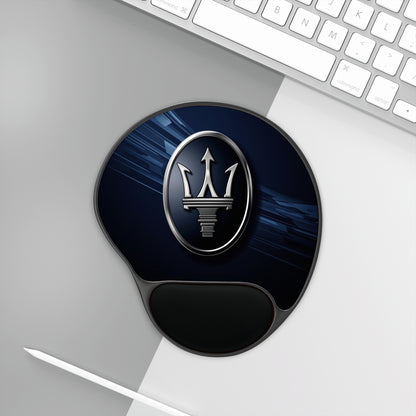 Maserati logo mouse pad on a desk with a keyboard