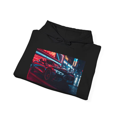 Black hoodie with a graphic of a car and neon lights on a white background