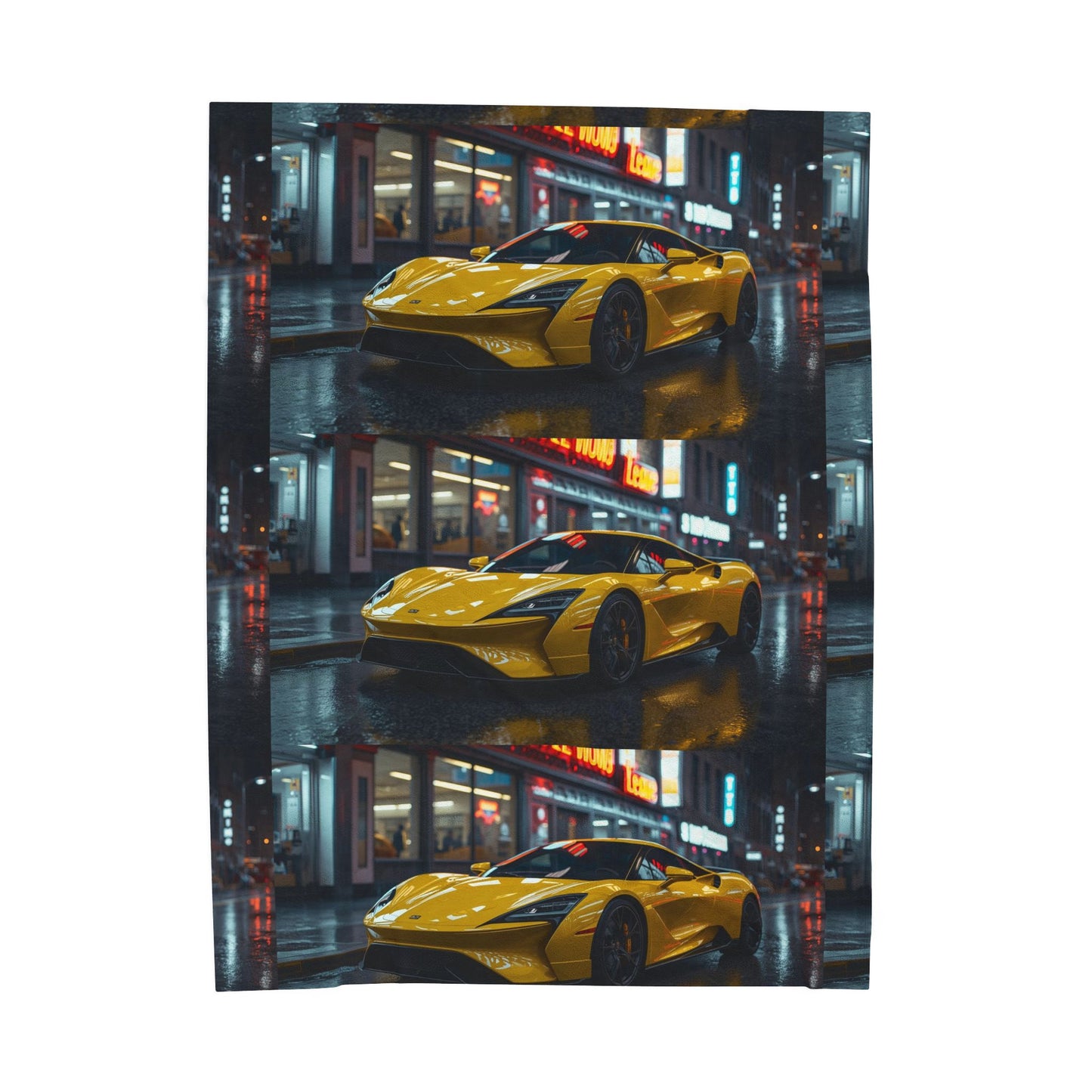 Yellow sports car on a wet city street with reflections