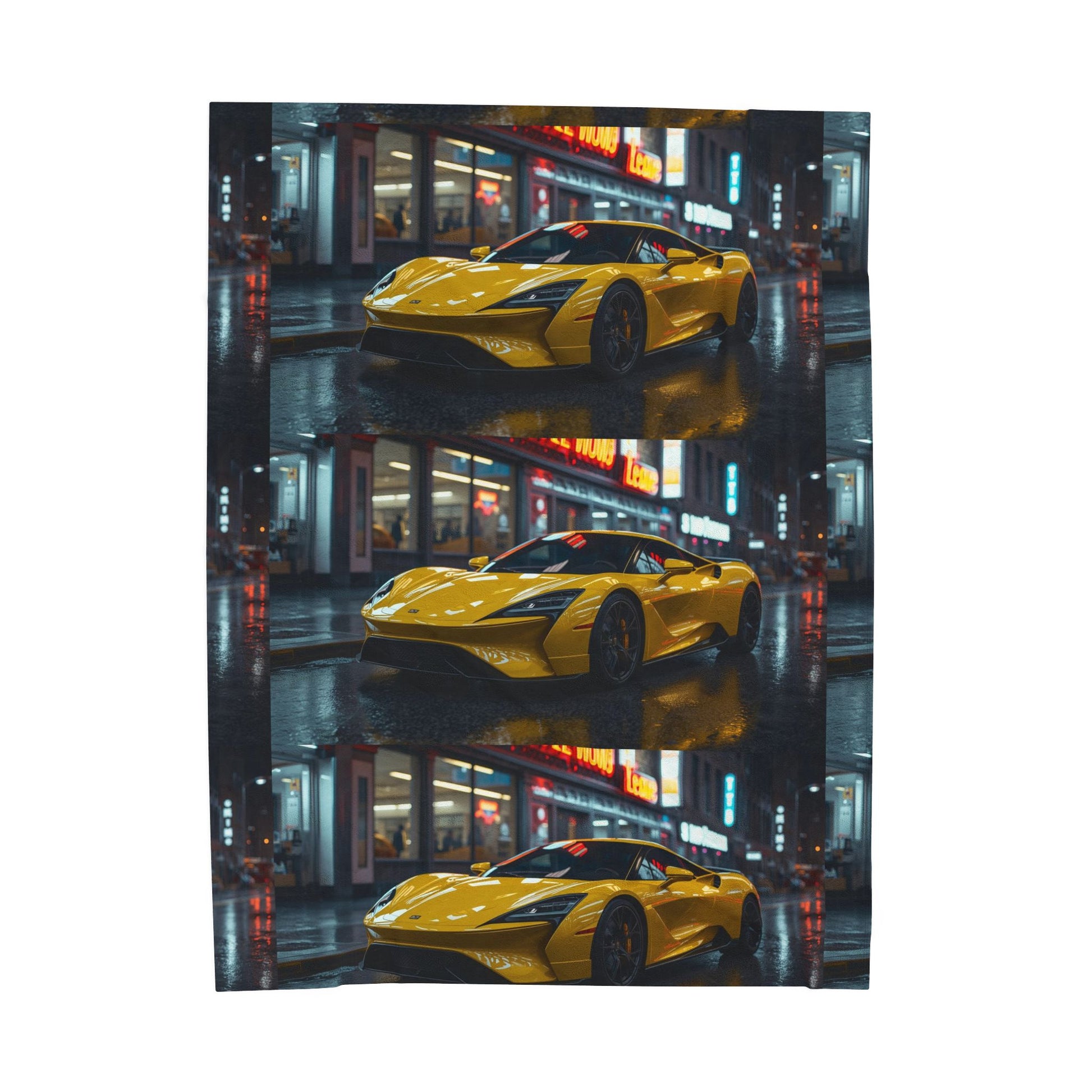 Yellow sports car on a wet city street with reflections