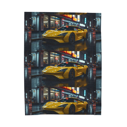 Yellow sports car on a wet city street with reflections