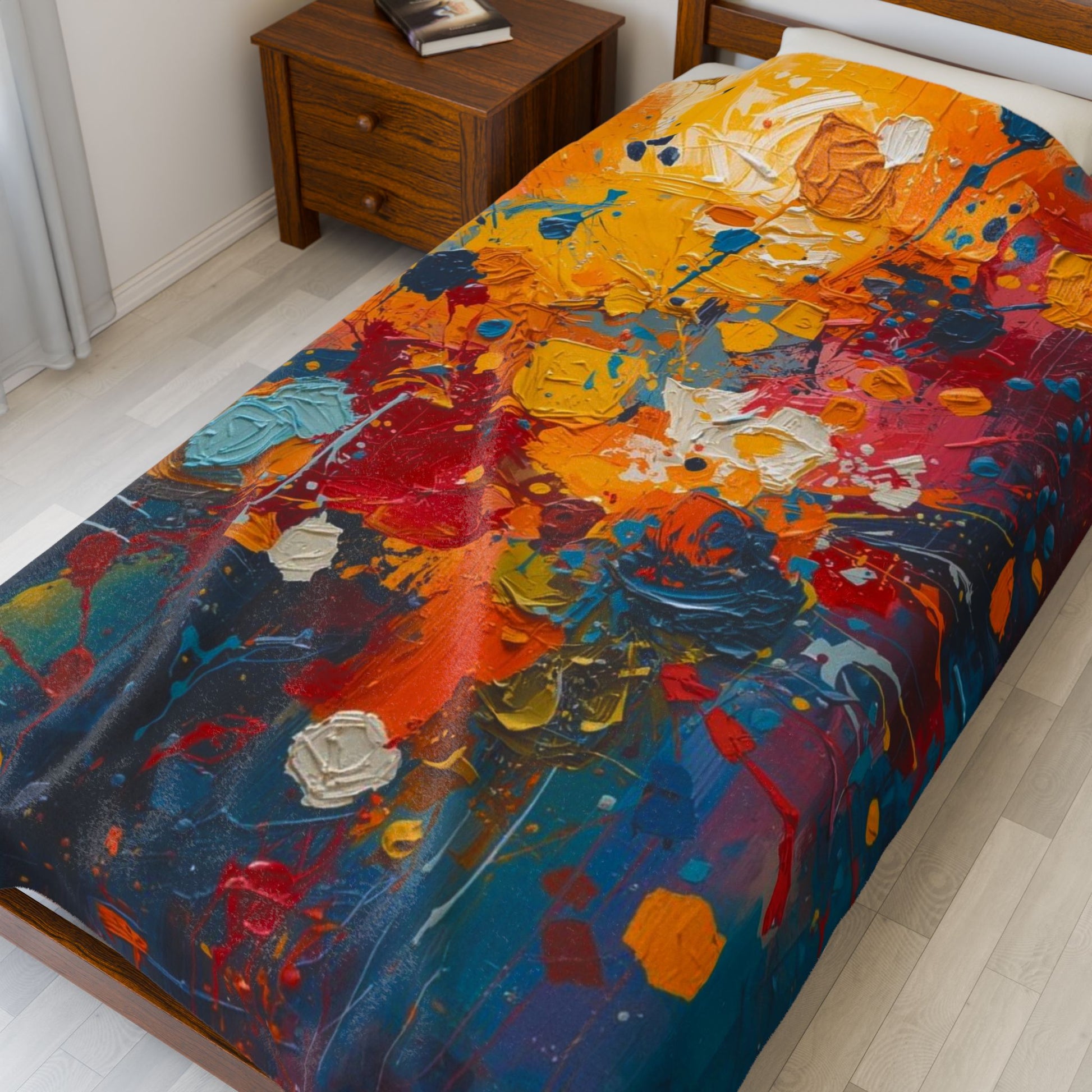 Bed with a colorful abstract patterned bedspread in a bedroom setting.