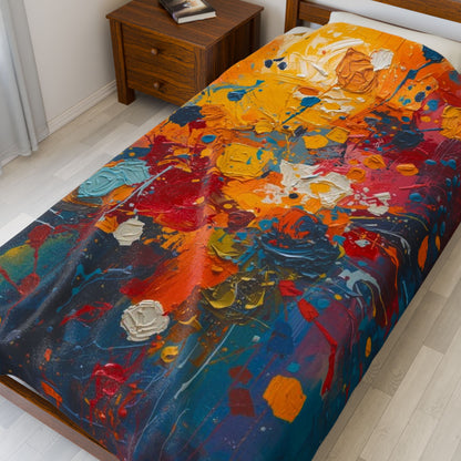 Bed with a colorful abstract patterned bedspread in a bedroom setting.