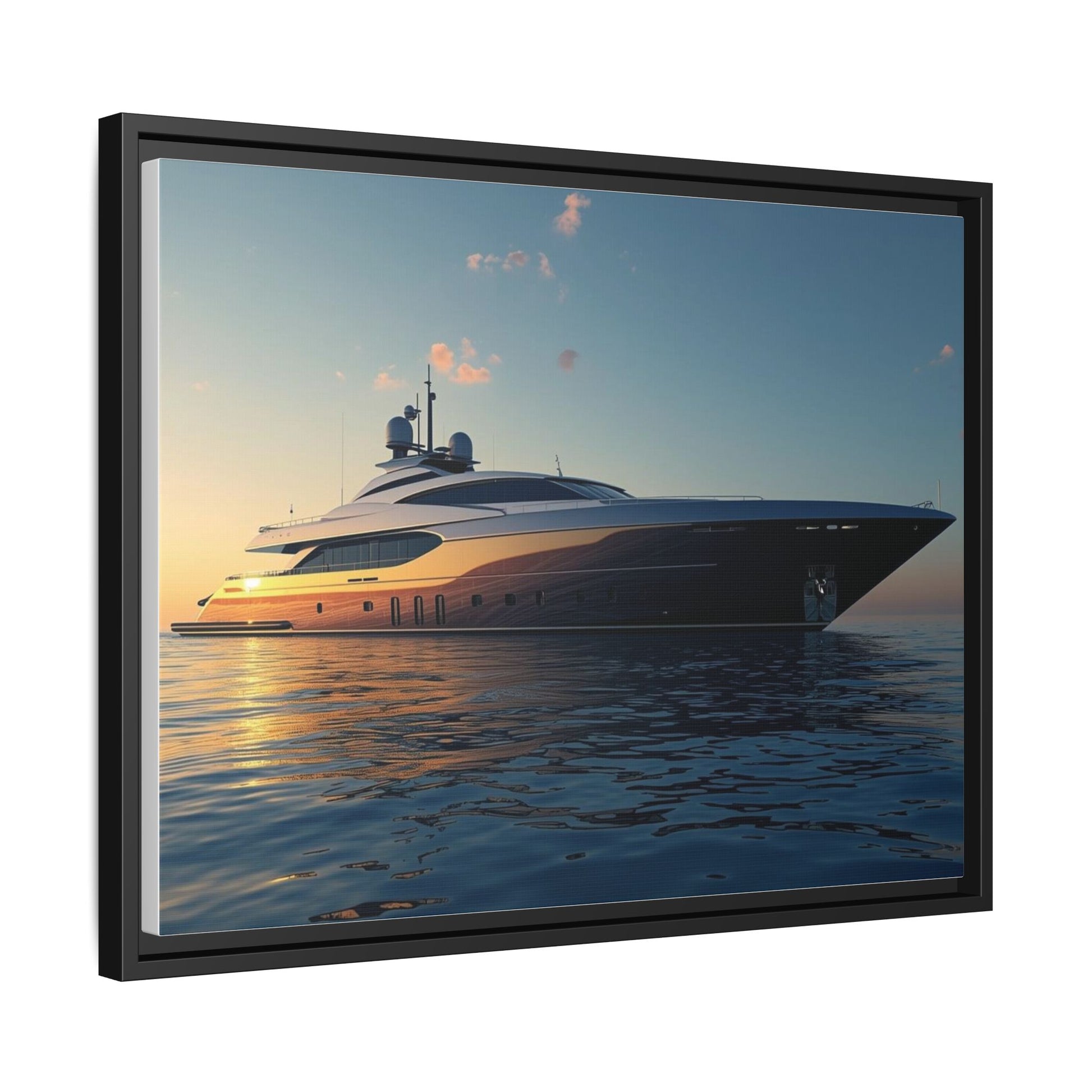 Framed artwork of a luxury yacht on water with a sunset sky.