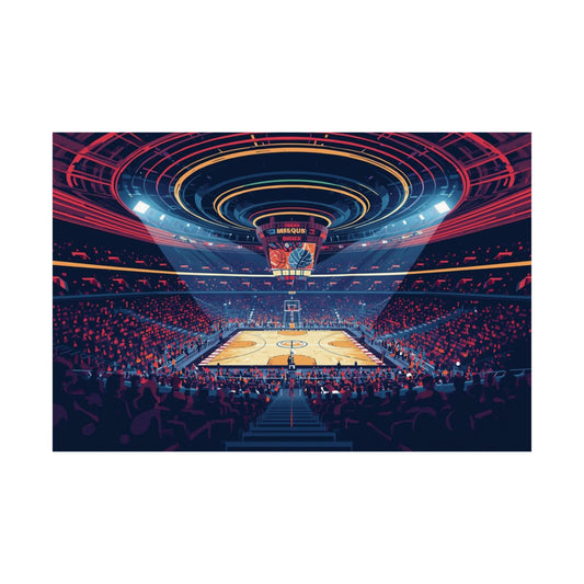 Basketball arena with a large crowd and colorful interior design.