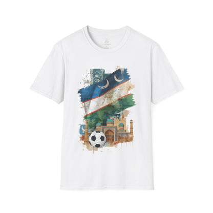 Uzbekistan Flag Soccer T-Shirt — Crescent Emblem & Landmark Design Tee
