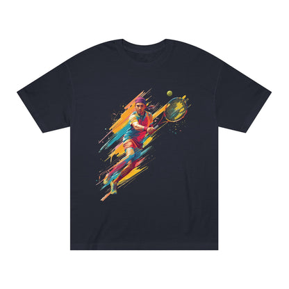 Tennis Player Graphic Tee — Colorful Action Racquet Design Shirt