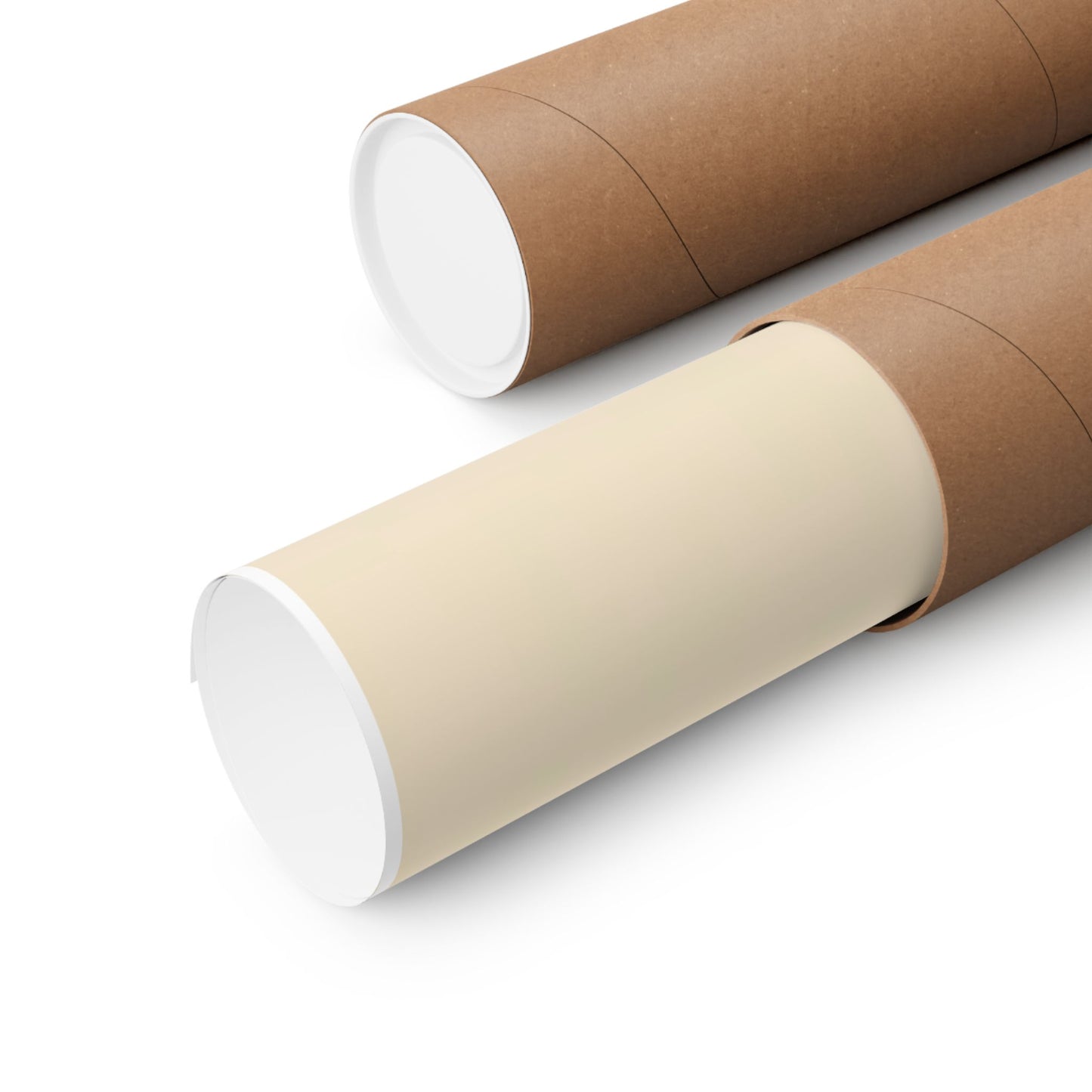 Two cardboard tubes poster case, one brown and one beige, on a white background