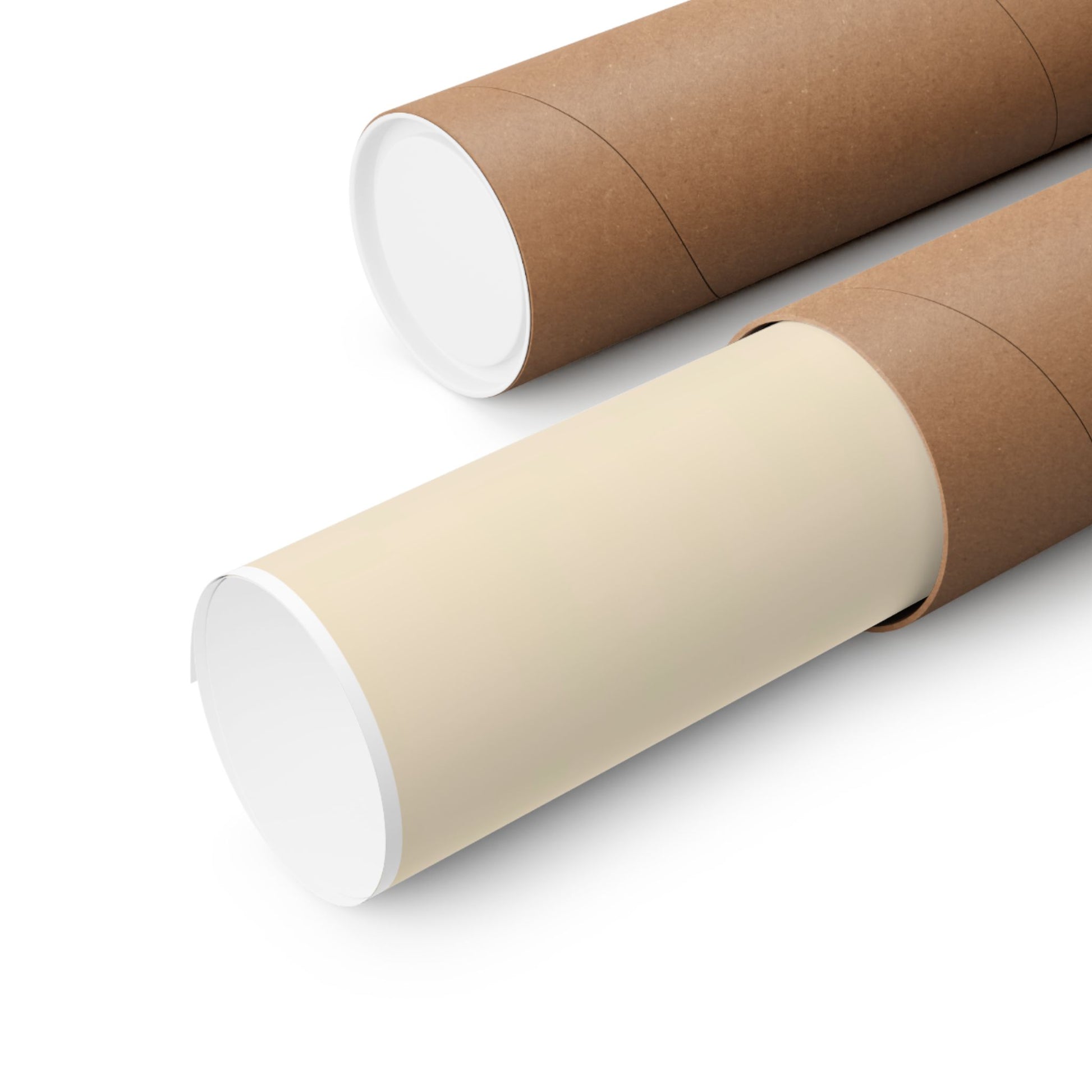Two cardboard tubes poster case, one brown and one beige, on a white background