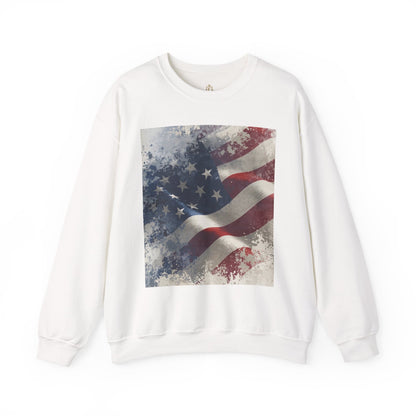 White sweatshirt with a vintage American flag graphic on a white background