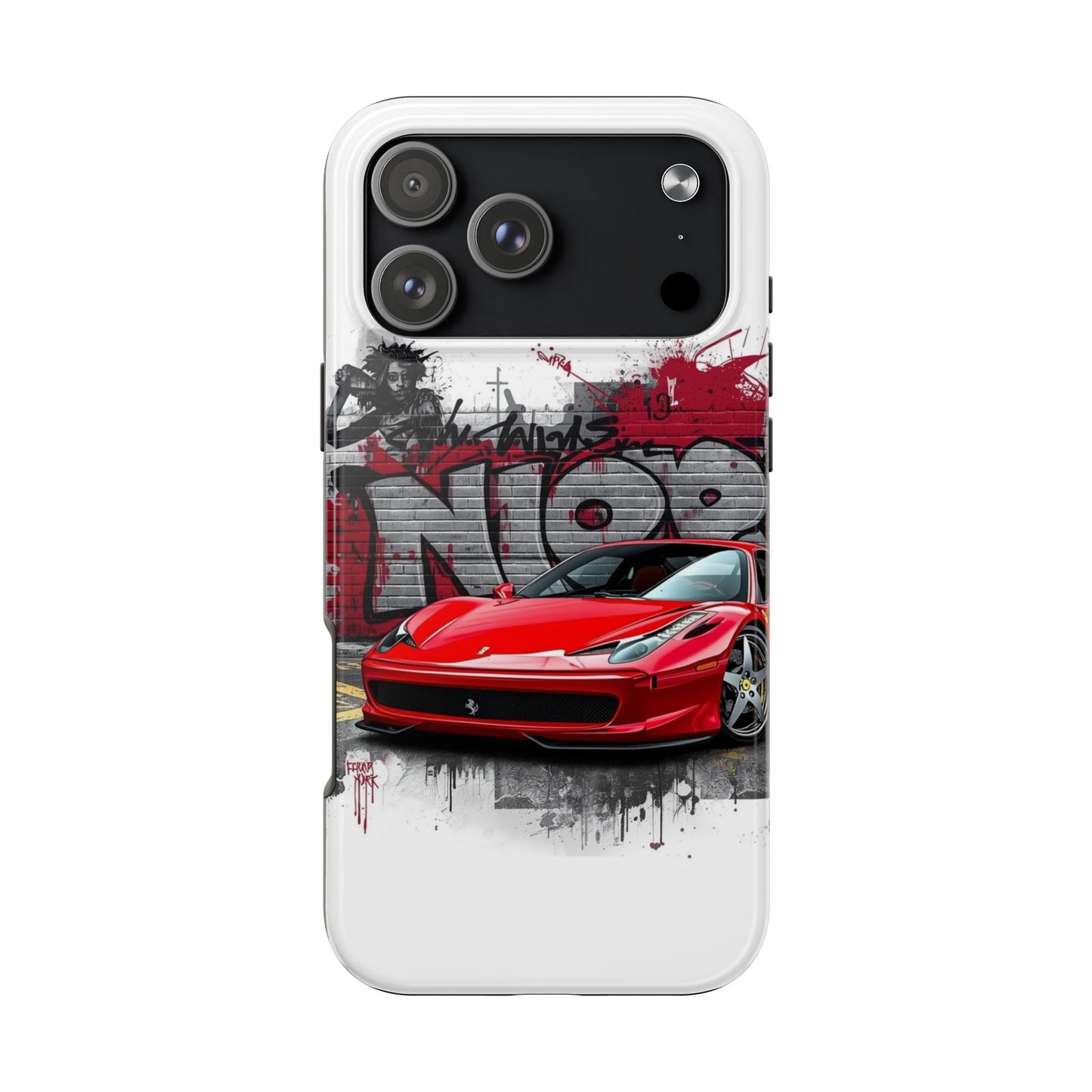 Phone case with a red sports car design on a white background