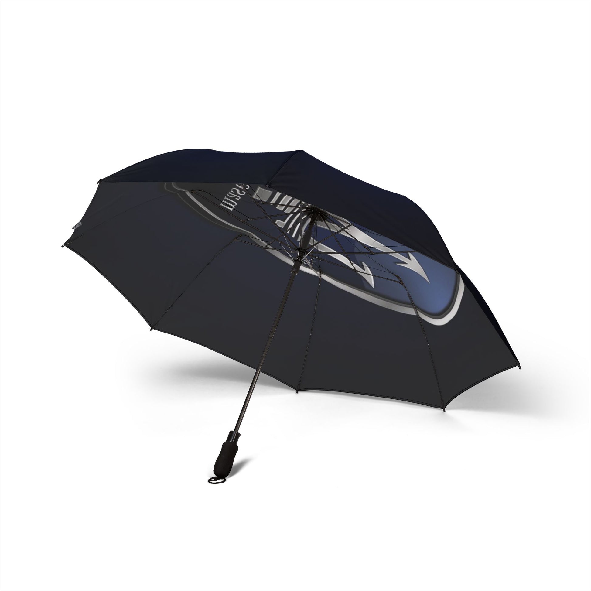 Black umbrella with a logo on a white background