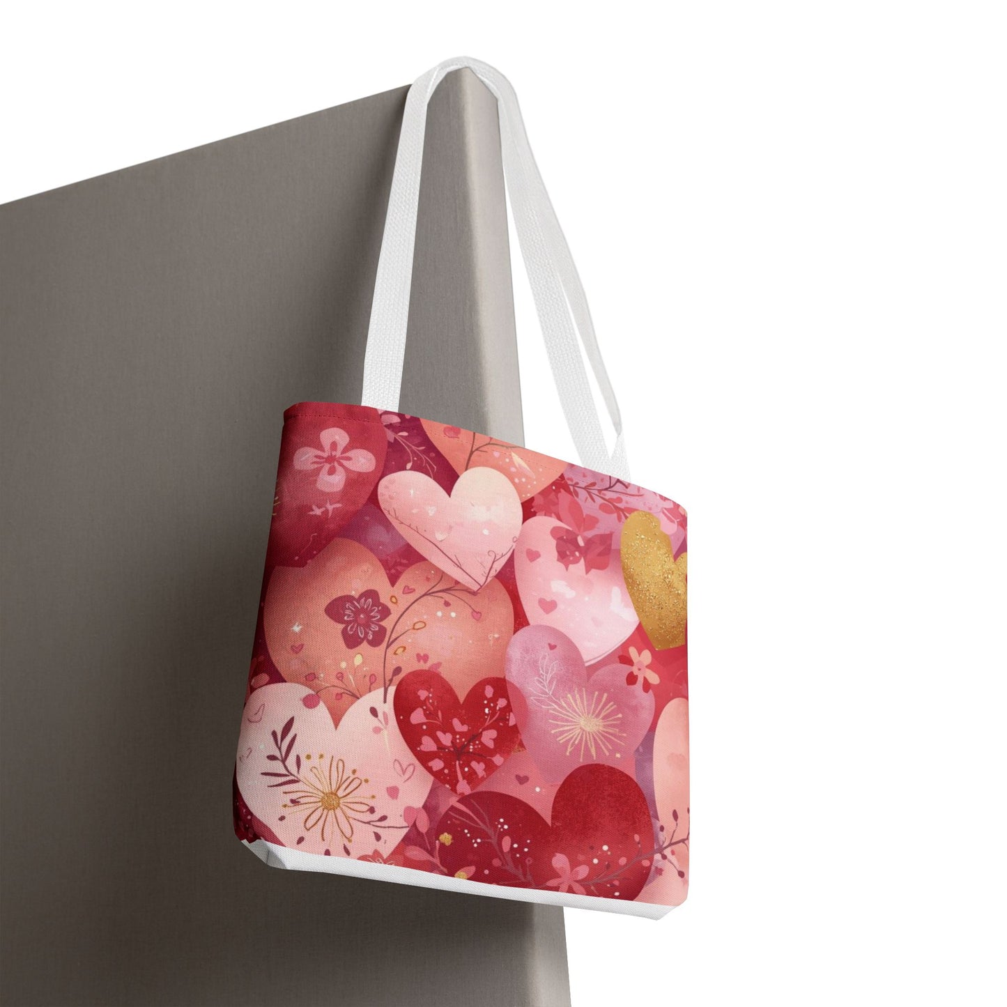 Heart Pattern Tote Bag — Pink Floral Valentine All-Over Print