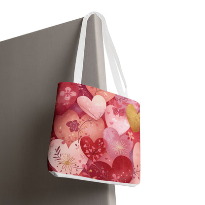 Heart Pattern Tote Bag — Pink Floral Valentine All-Over Print