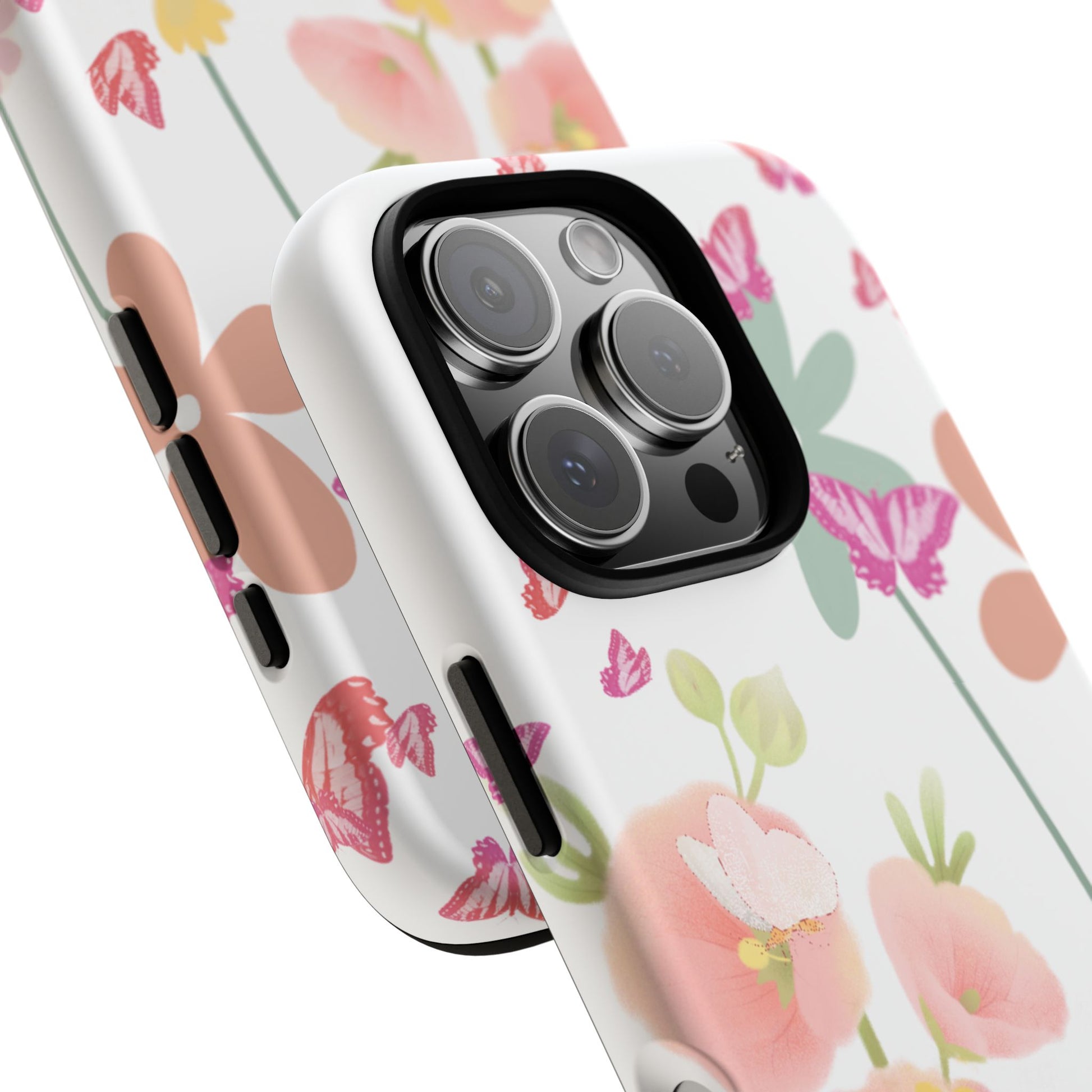 Phone case with floral and butterfly design on a white background