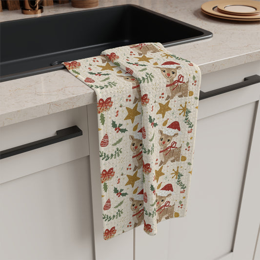 Decorative kitchen towel with Christmas patterns hanging over a kitchen counter.