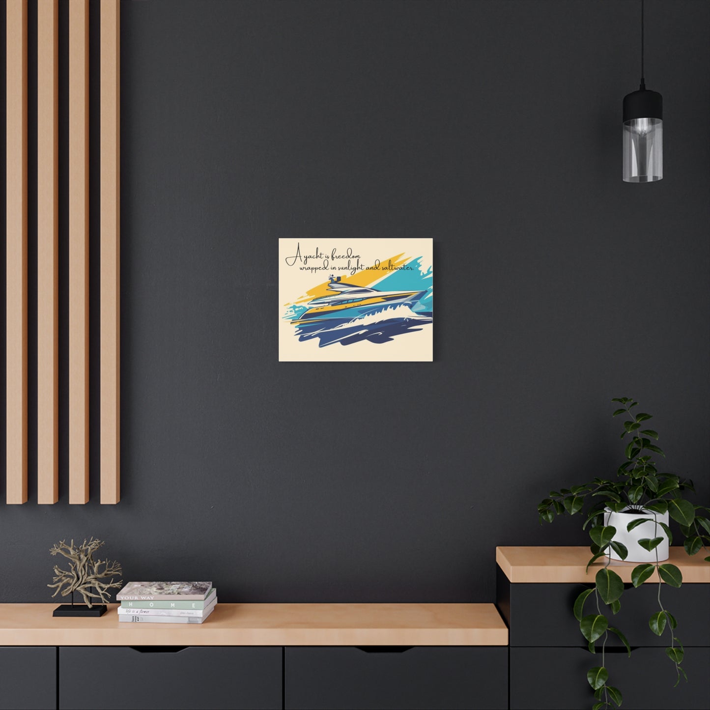 Yacht wall art canvas on a dark wall, wooden shelf, and abstract painting.