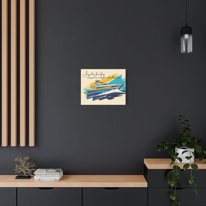 Yacht wall art canvas on a dark wall, wooden shelf, and abstract painting.