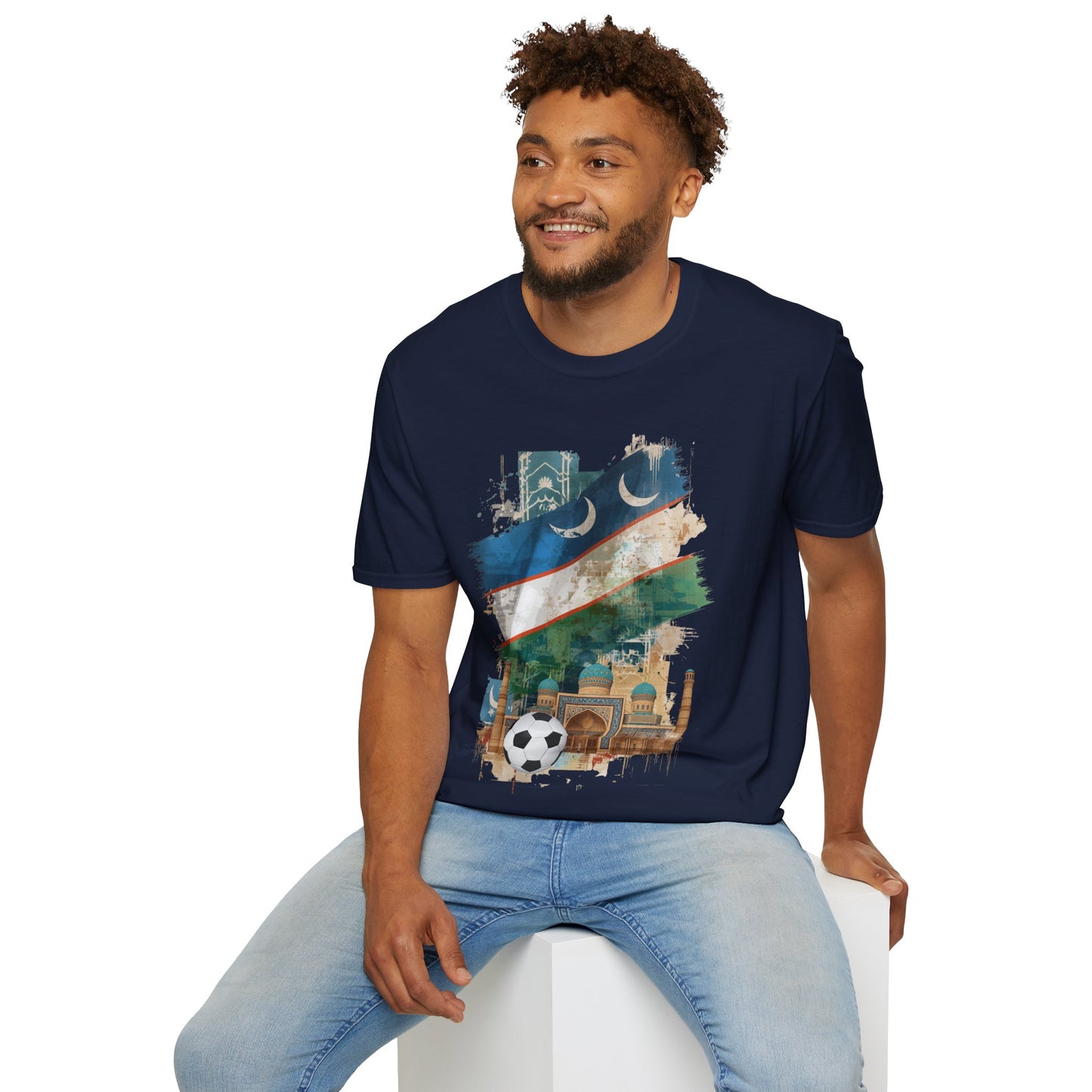 Uzbekistan Flag Soccer T-Shirt — Crescent Emblem & Landmark Design Tee
