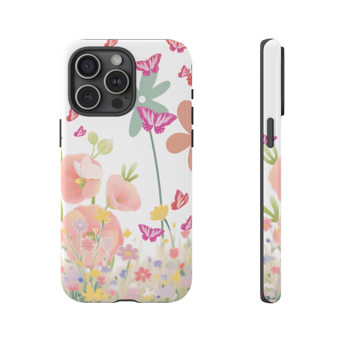 Phone case with floral and butterfly design on a white background