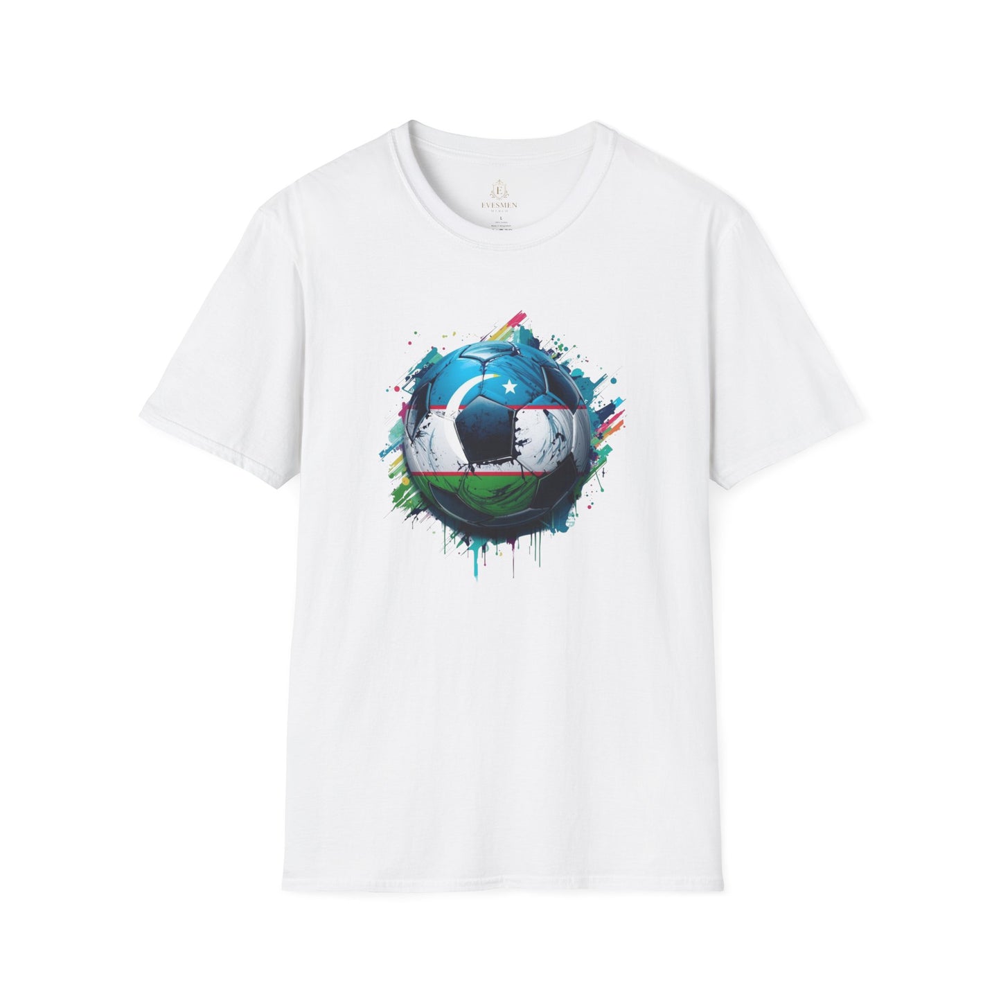 Uzbekistan Football Flag Splatter T-Shirt Abstract Crescent Moon Design Tee
