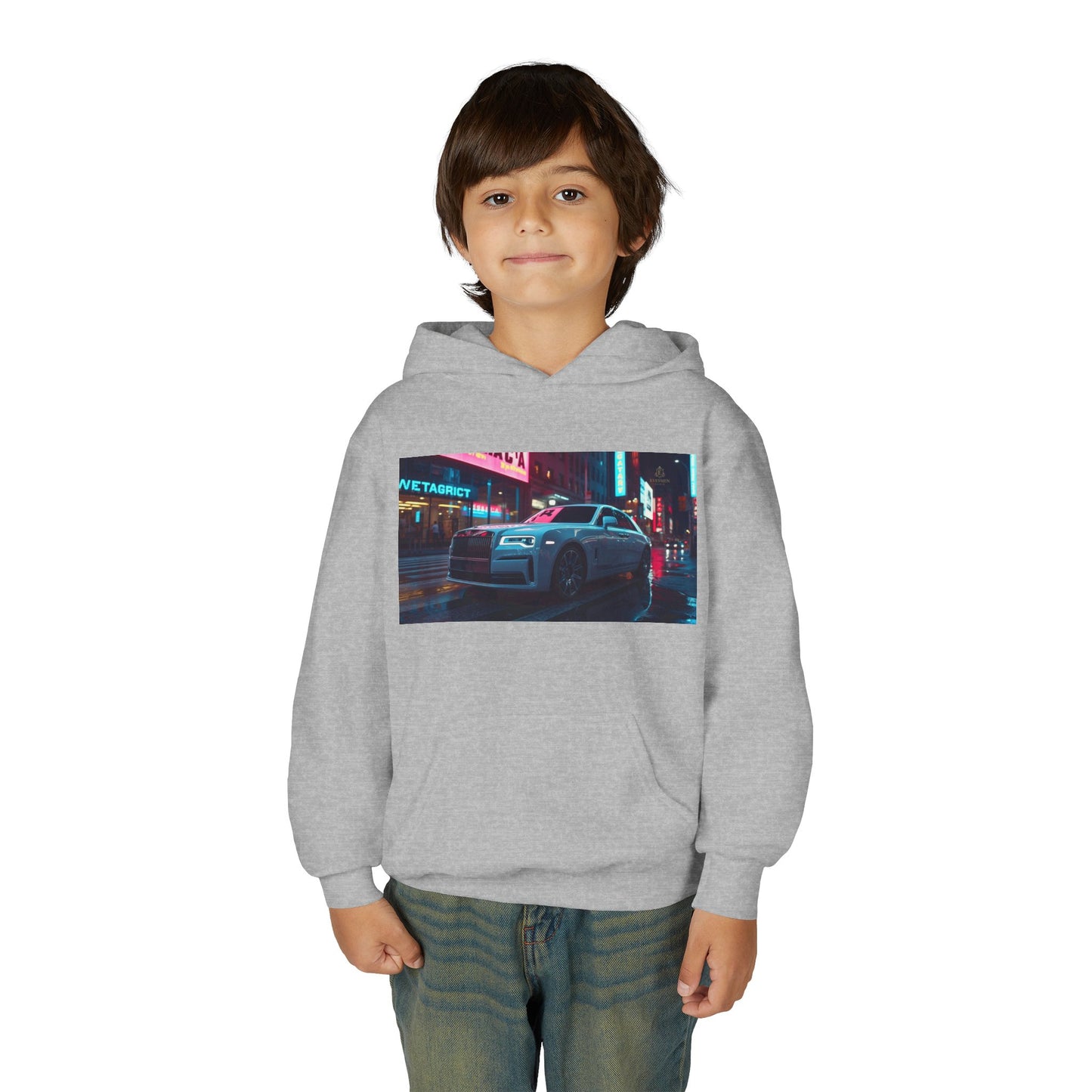Child wearing a gray hoodie with a car and neon lights design on a white background