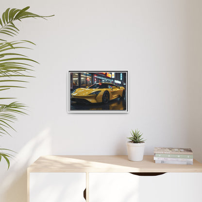 Framed picture of a yellow sports car on a wall above a desk with a plant and books.