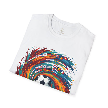 Soccer World Flags T-Shirt — Vibrant International Football Swirl