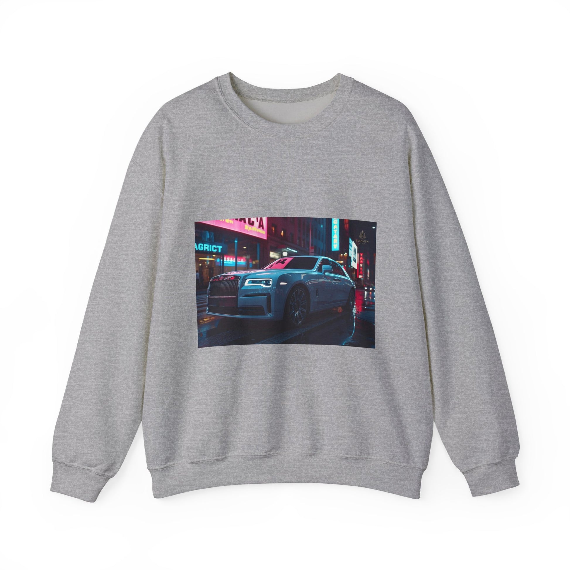 Gray sweatshirt with a car graphic on a white background