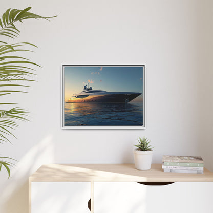 Framed artwork of a yacht on a wall above a desk with a plant and books.