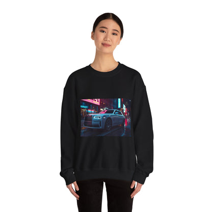 Black sweatshirt with a car and neon sign design worn by a model on a white background