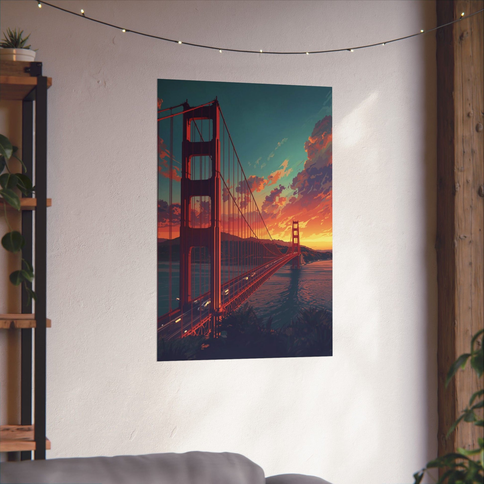 Poster of the Golden Gate Bridge at sunset hanging on a wall.