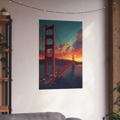 Poster of the Golden Gate Bridge at sunset hanging on a wall.