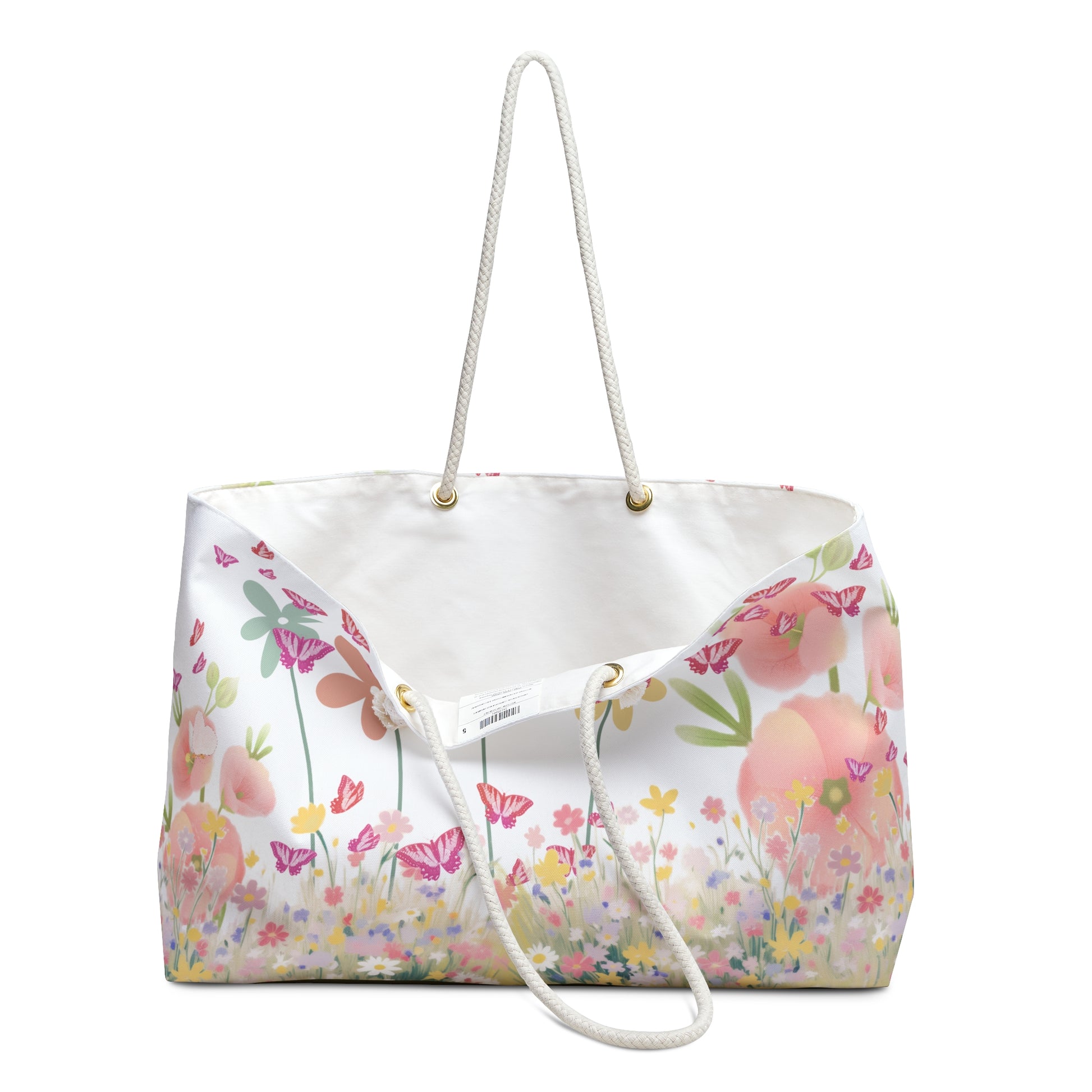 Floral patterned tote bag with drawstring on a white background