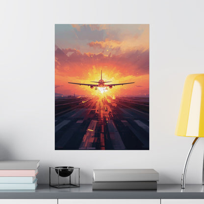 Poster of an airplane taking off at sunset on a wall above a shelf with books and decor items.