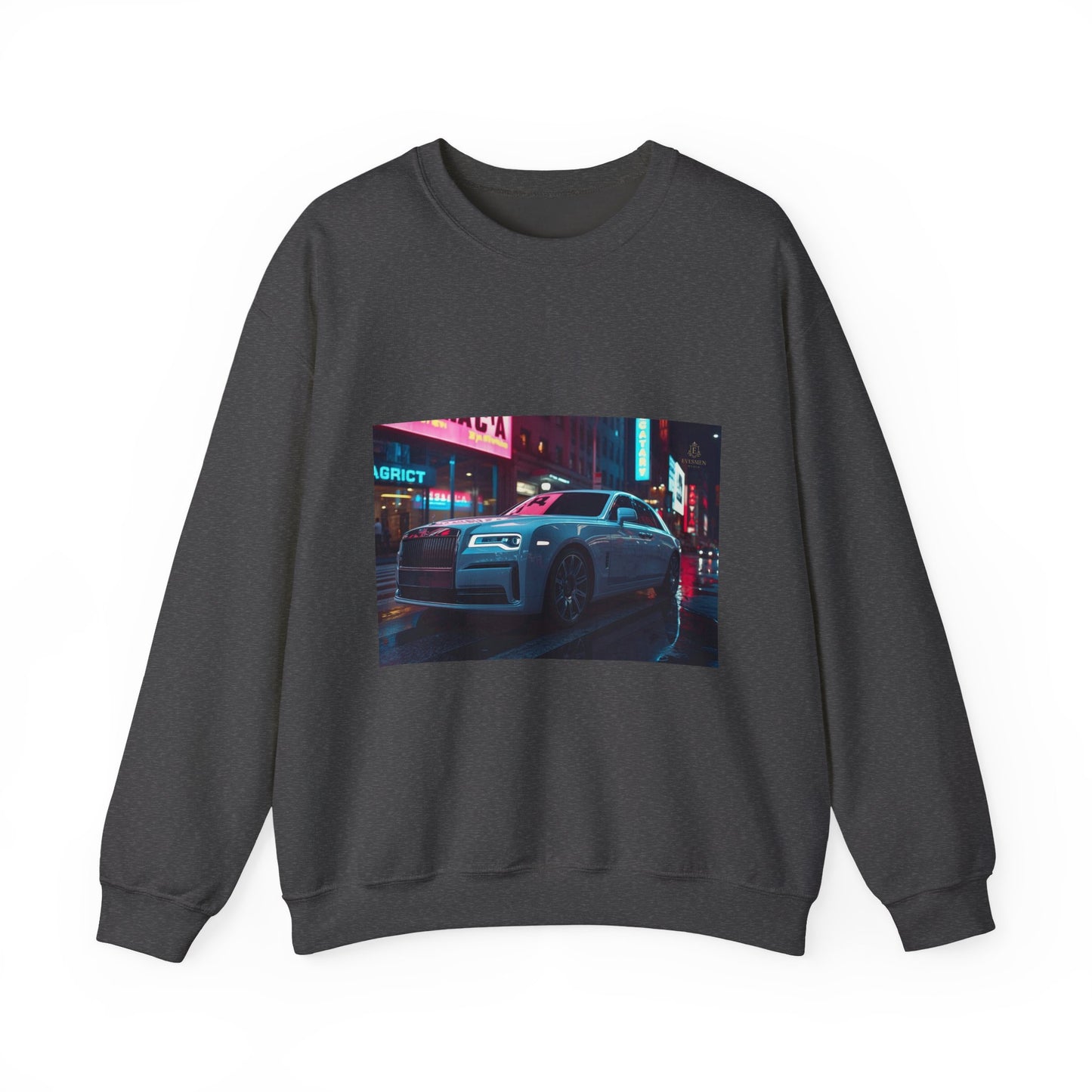Dark gray sweatshirt with a car and neon lights graphic on a white background