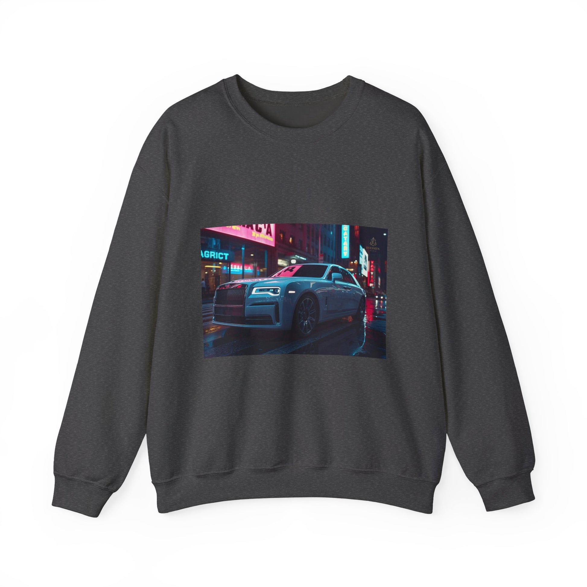 Dark gray sweatshirt with a car and neon lights graphic on a white background