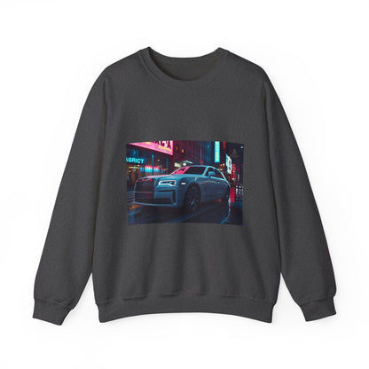 Dark gray sweatshirt with a car and neon lights graphic on a white background