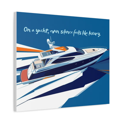 Canvas Yacht illustration wall art with a blue background and text 'On a yacht, even silence feels like luxury.'