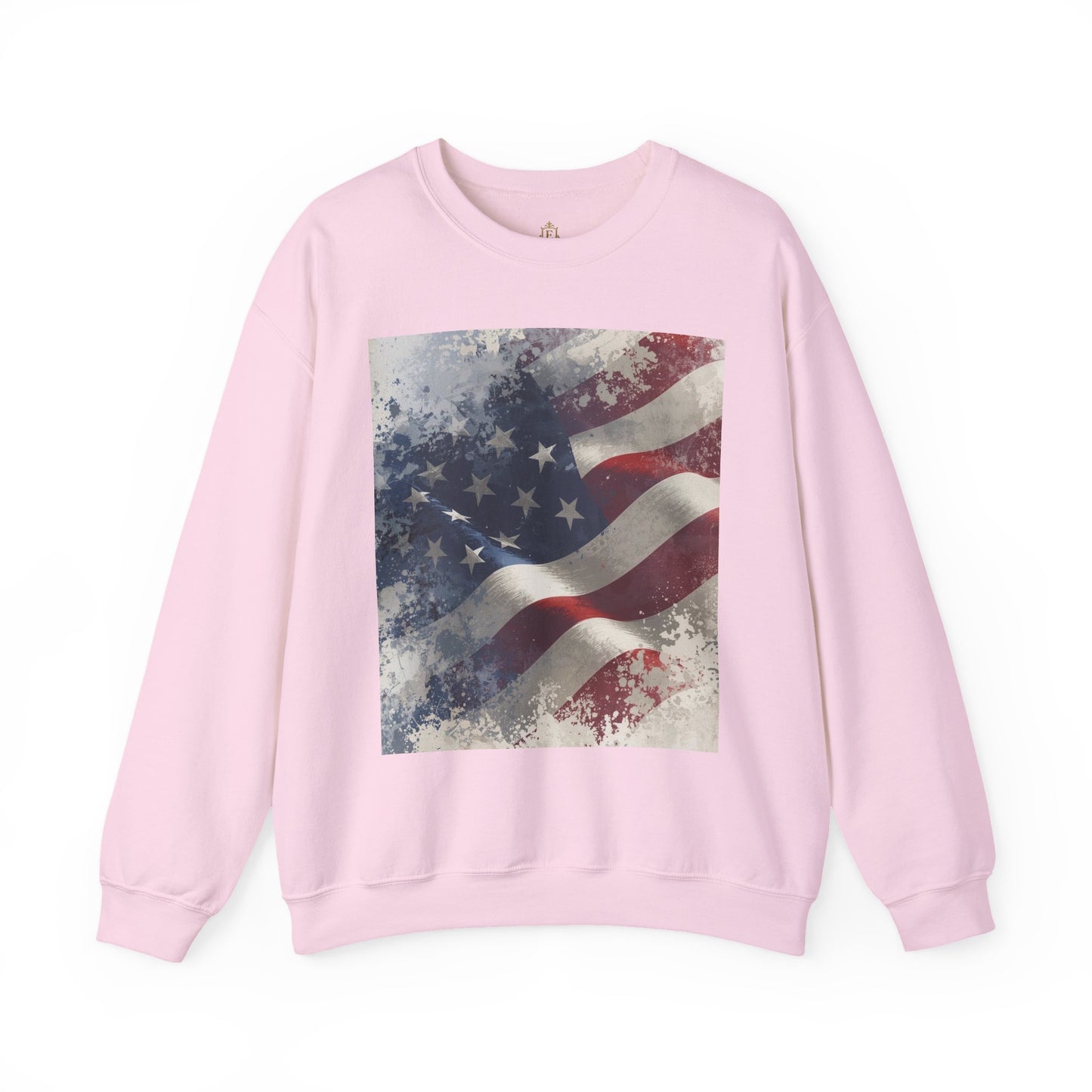 Pink sweatshirt with a vintage American flag graphic on a white background