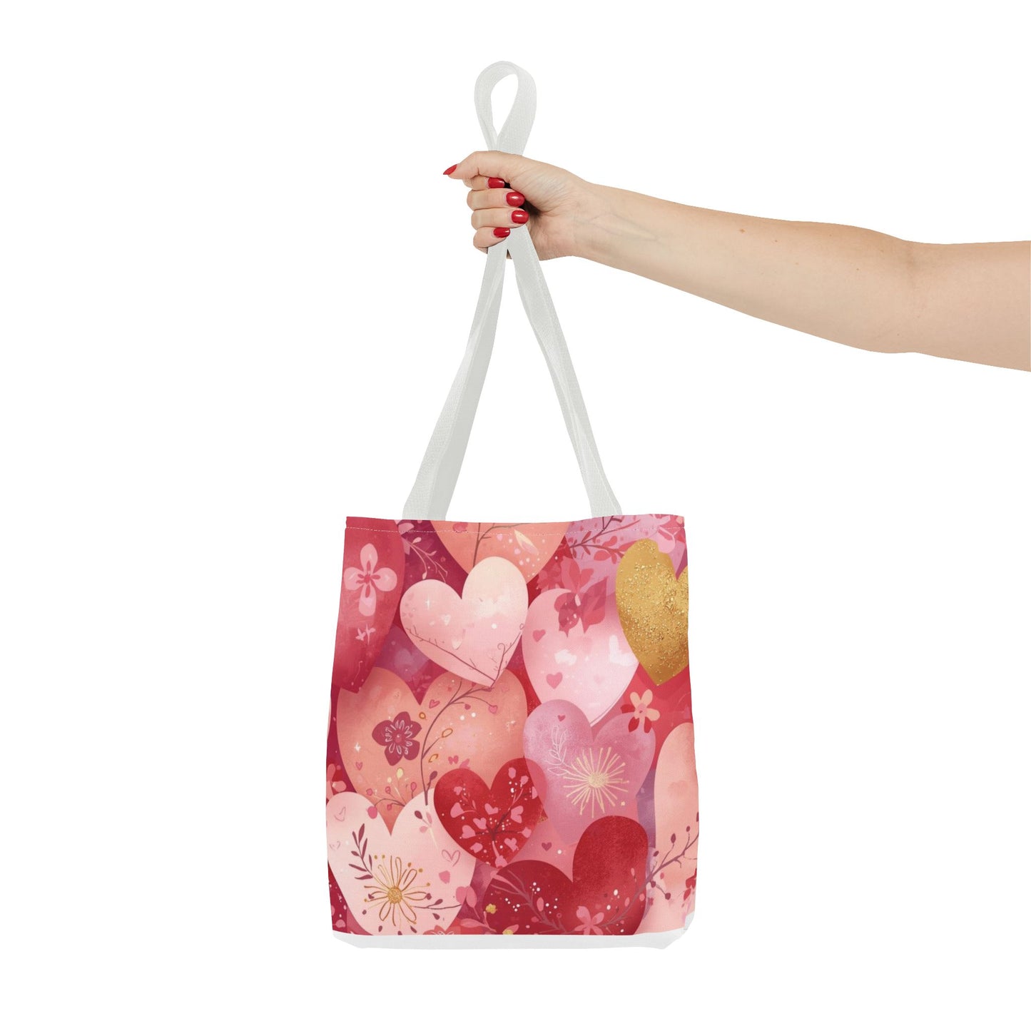 Heart Pattern Tote Bag — Pink Floral Valentine All-Over Print