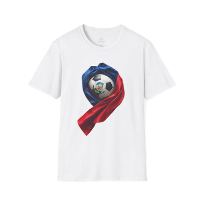 Haitian Soccer Ball T-shirt Enveloped in Flag Fabric with Coat of Arms Tee