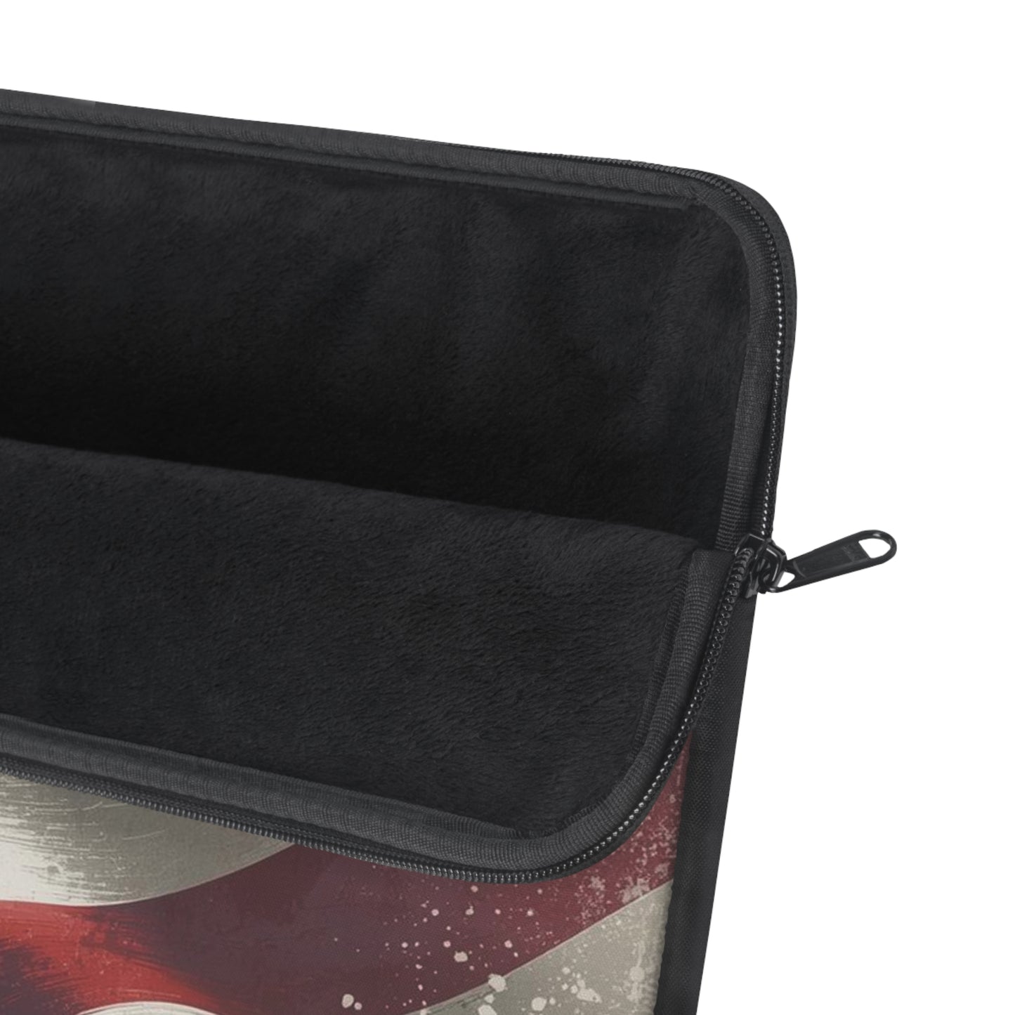Soft fleece with foam inserts of a laptop sleeve with a vintage American flag design on a white background