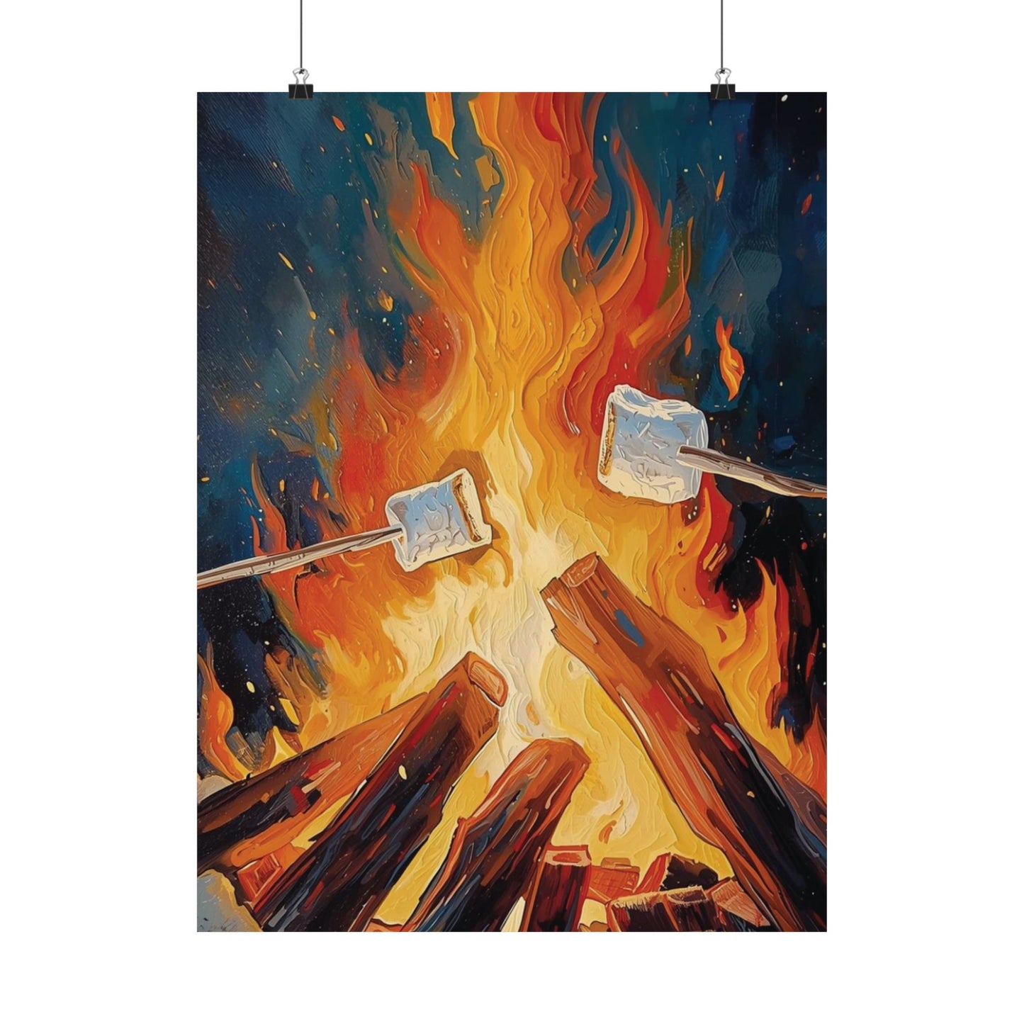 Artistic depiction of marshmallows roasting over a campfire with a colorful background.