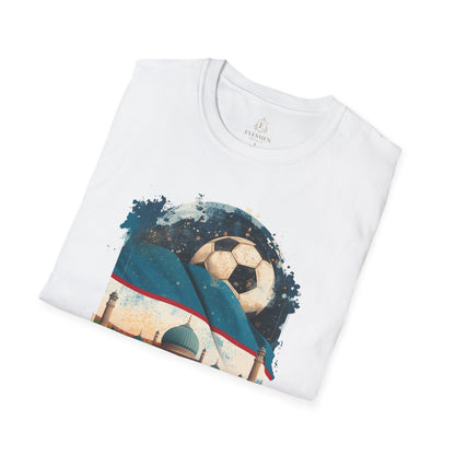 Uzbekistan Football Pride T-shirt Historic Madrasa and Vintage Soccer Ball Tee