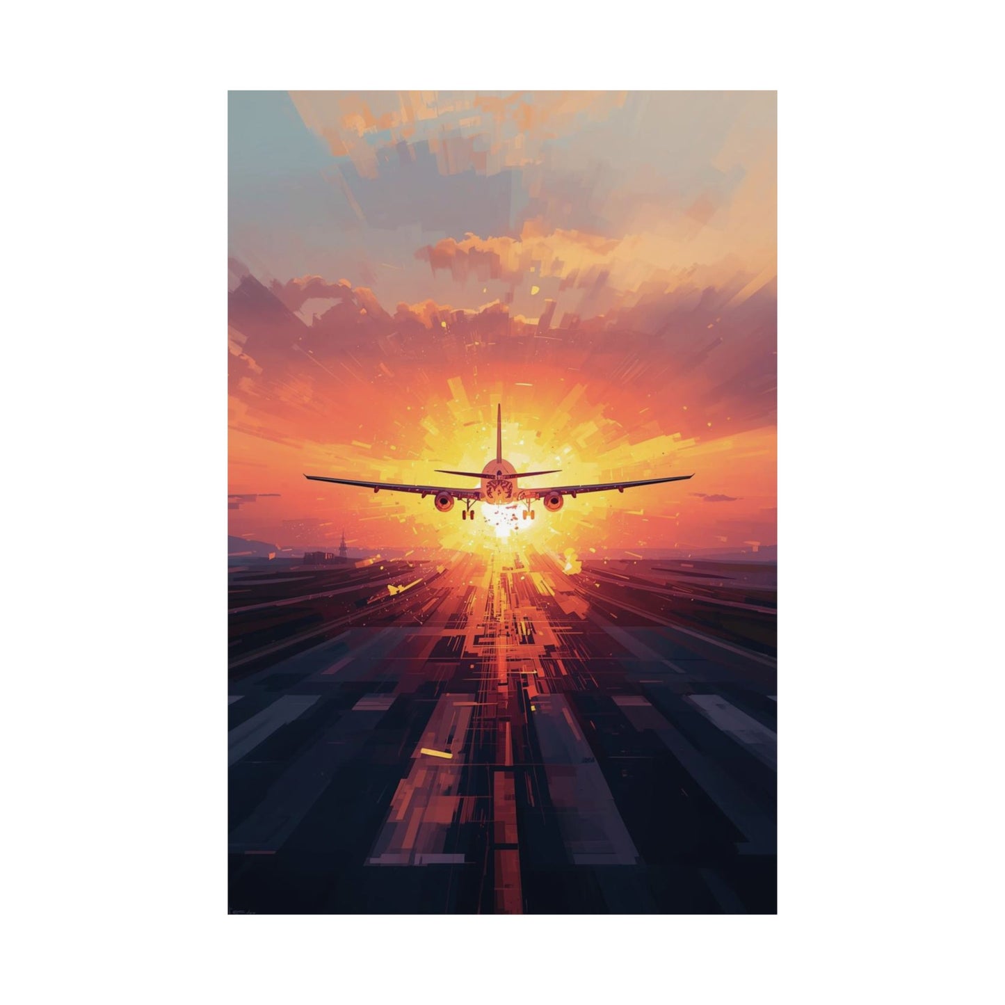 Airplane taking off against a vibrant sunset sky with colorful clouds.