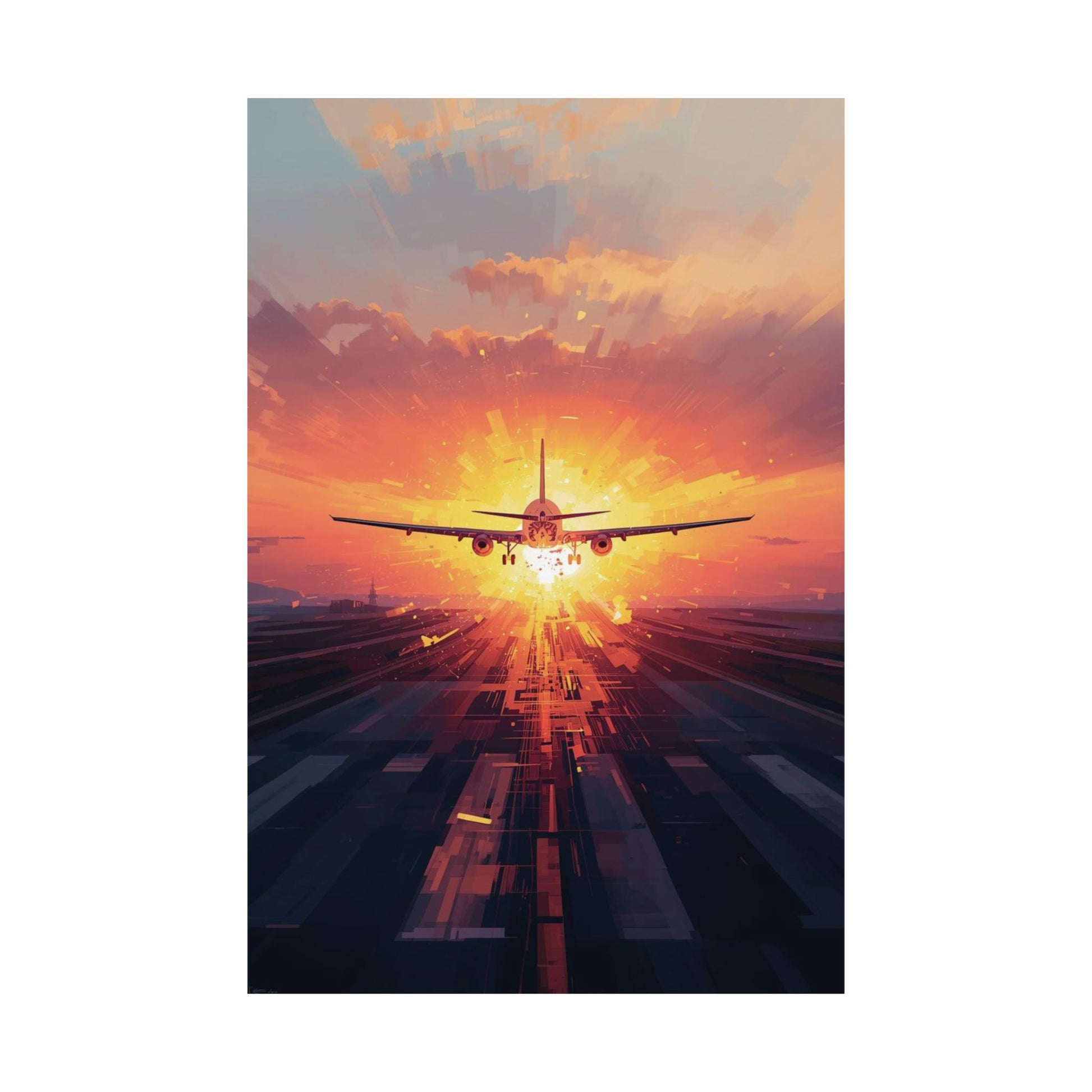 Airplane taking off against a vibrant sunset sky with colorful clouds.