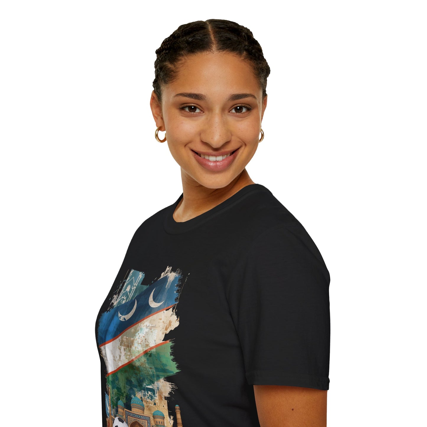 Uzbekistan Flag Soccer T-Shirt — Crescent Emblem & Landmark Design Tee