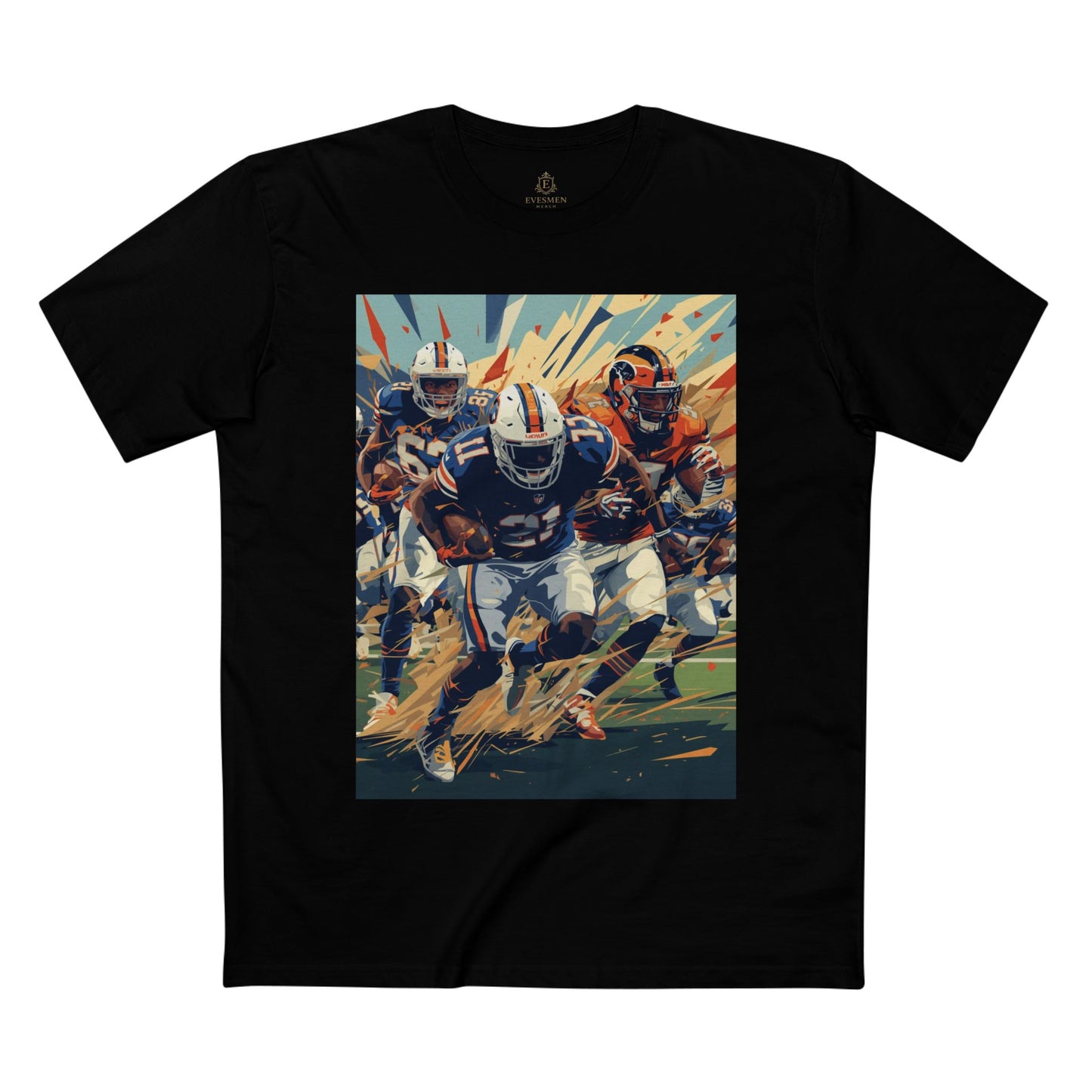 Black t-shirt with a graphic of football players on a white background