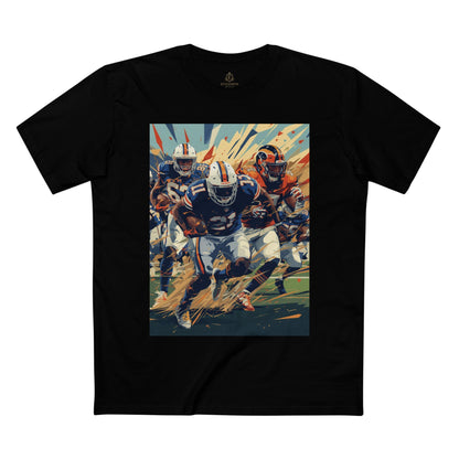 Black t-shirt with a graphic of football players on a white background